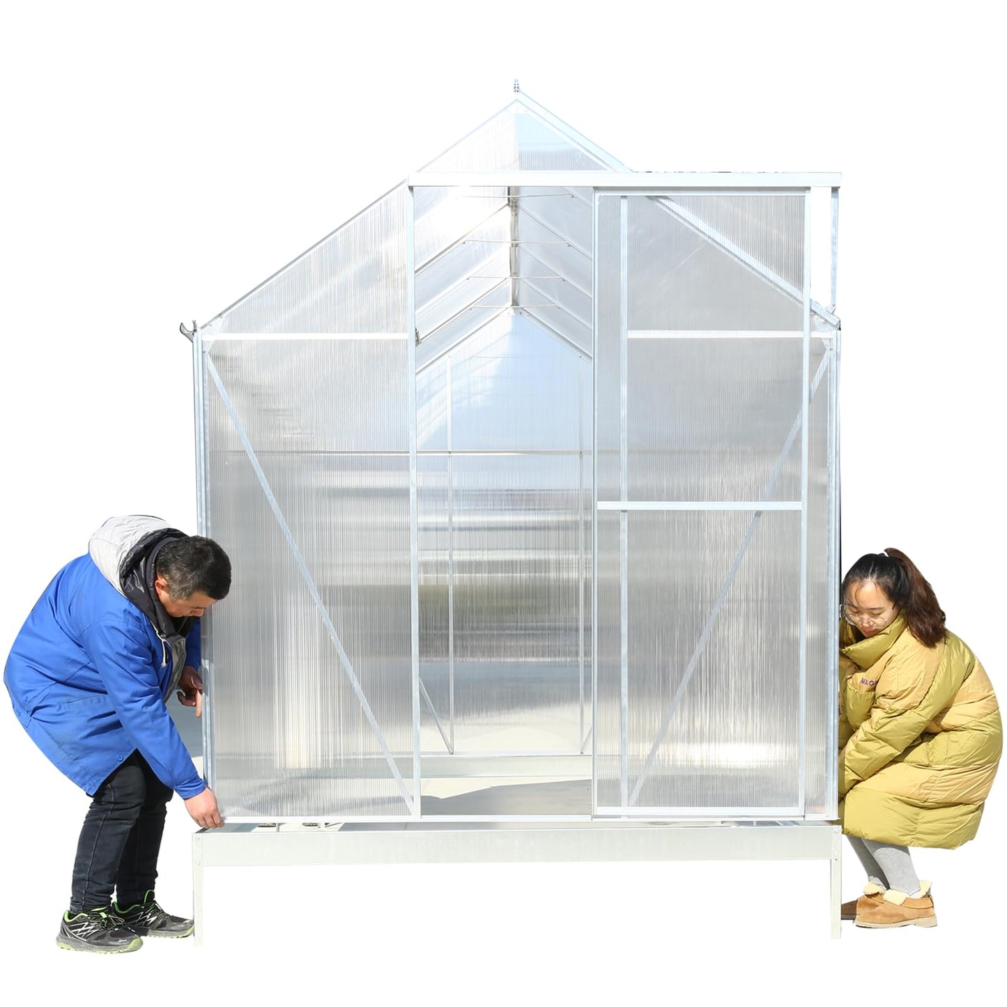 Ball & Cast 10x7 FT Greenhouse,Polycarbonate Heavy Duty Outdoor Aluminum Walk-in Green House Kit with Rain Gutter and Vent,Plant Base w/ Sliding Door,for Backyard Garden,Silver