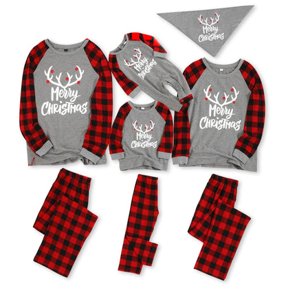 IFFEI Matching Family Pajamas Sets Christmas PJ's with Letter and Plaid Printed Long Sleeve Tee and Bottom Loungewear 6-7 Years Grey