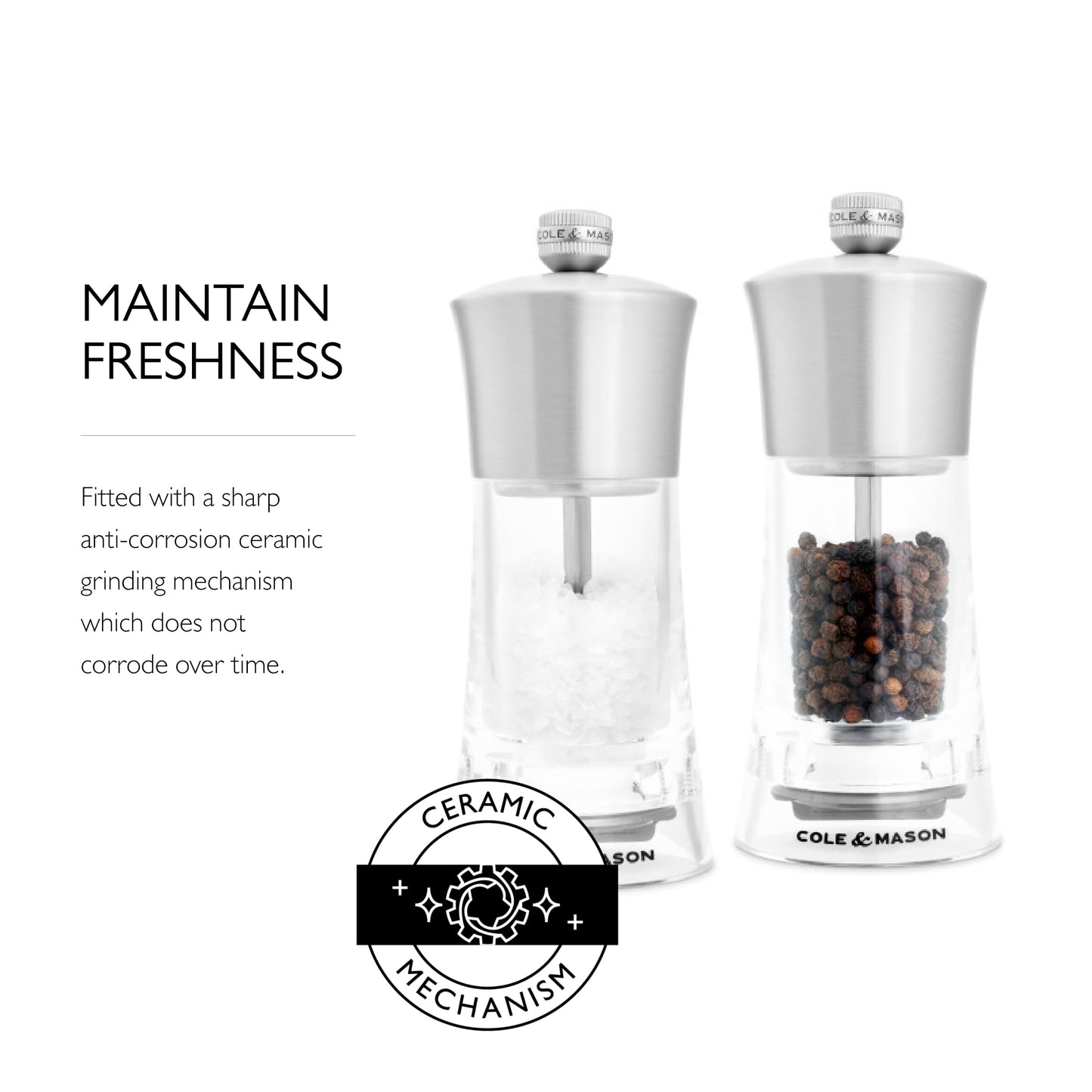 Cole & Mason Bromley Salt & Pepper Mill Gift Set, 6" - Salt & Pepper Grinders with Ultra-Sharp Grinding Mechanisms - Refillable Mills & Spice Shakers with Adjustable Grinding - Acrylic Gift Set