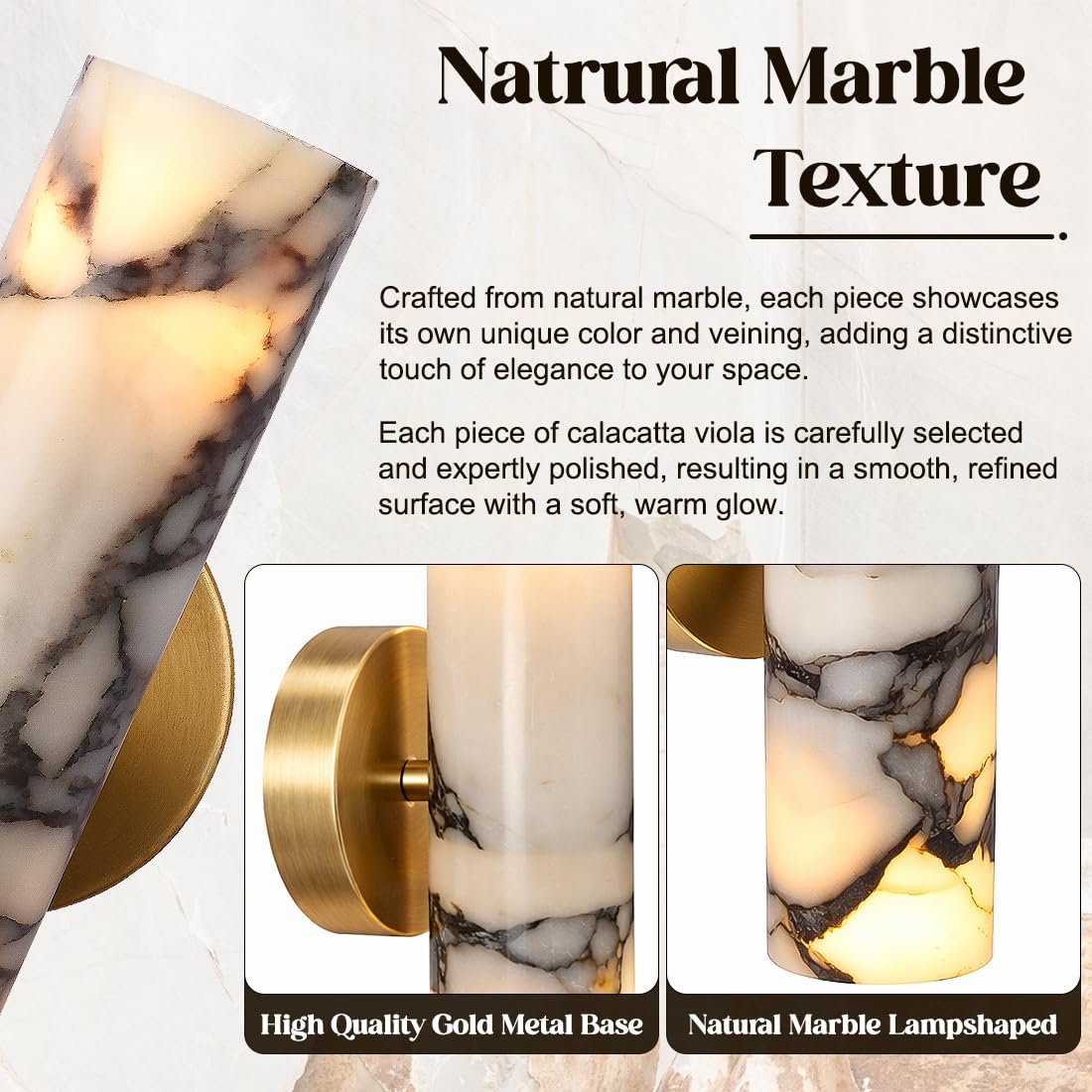 KAKINOTE Marble Wall Sconce,Calacatta Viola Alabaster Wall Sconce 9.5”Modern Natural Stone Wall Lamp for Bedroom,Bathroom Vanity,Hallway & Bedside,Hardwired G9 Base,Up and Down Lighting Fixtures
