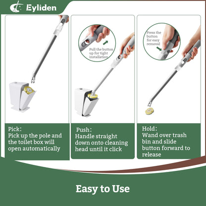 Eyliden Toilet Brush Set with 40 Refills, Disposable Toilet Cleaning Wand Kit with Pre-Soaked Sponge Heads, Hands-Free Toilet Bowl Cleaner Scrubber and Holder, White