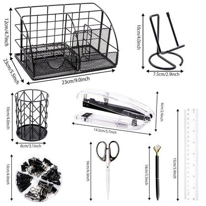KAAKOW Black Desk Organizers and Accessories Office Supplies Set Stapler, Pen Holder, Phone Holder, Scissors, Pen, Ruler, 30 Paper Clips, 22 Binder Clip, 20 Tacks and 1000pcs Staples