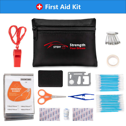 STDY Car Roadside Emergency Kit, Vehicle Truck Safety Road Side Assistance Kits Auto Accessory, with Jumper Cables, Tow Rope, Reflective Triangle, Tire Pressure Gauge, etc