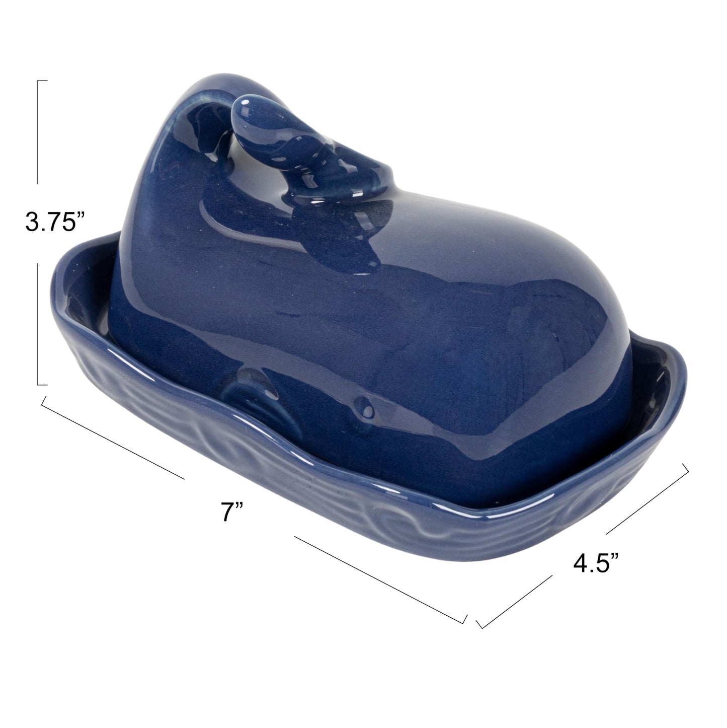 Creative Co-Op Dark Blue Whale Shaped Butter Dish with Lid