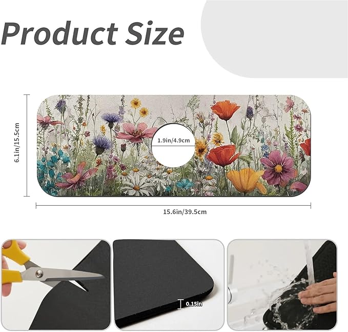 Kitchen Sink Splash Guard，wildflowers-in the meadow Faucet Mat Sink