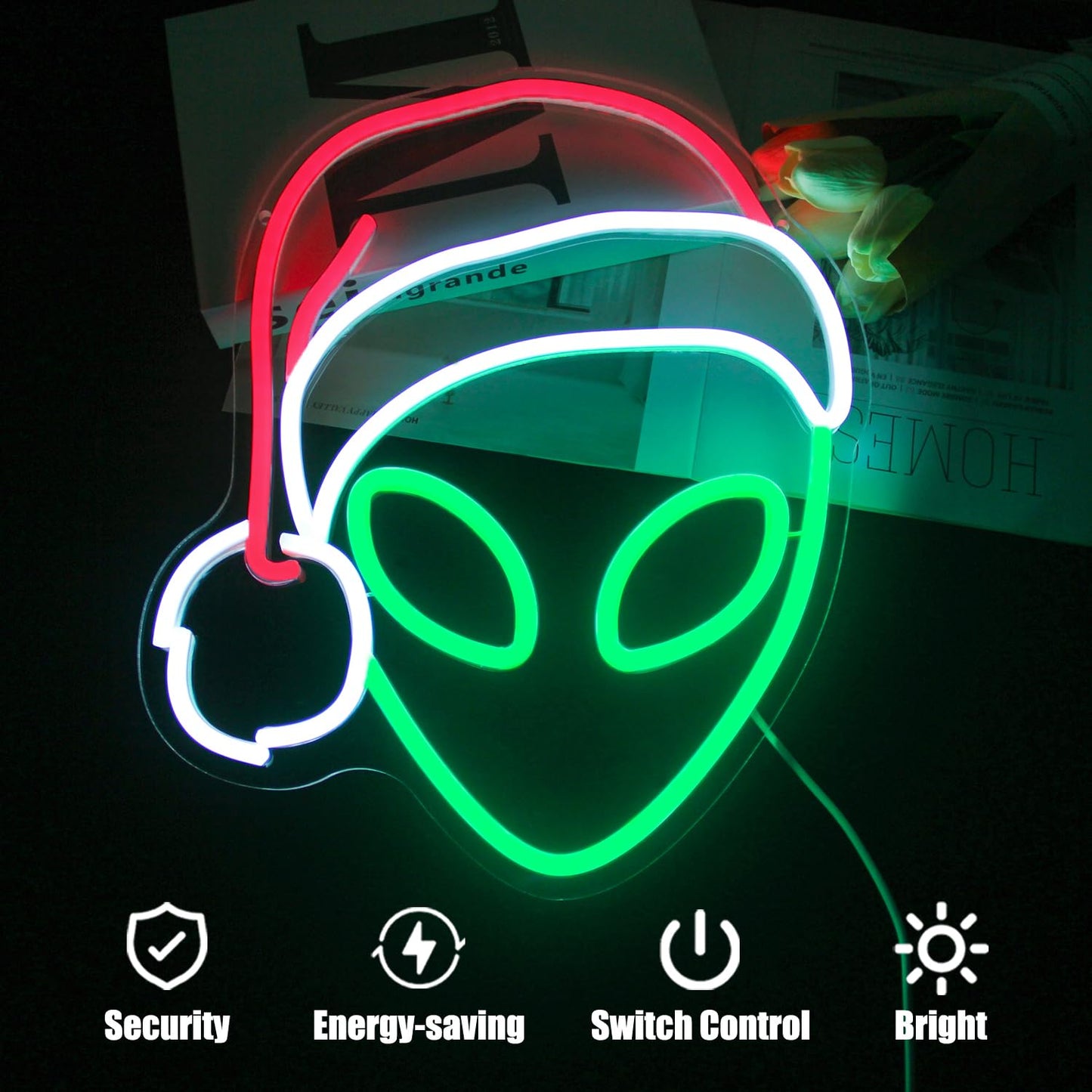 Christmas Neon Light Alien Neon Sign Green Red LED Sign Christmas Hat Neon Signs for Wall Decor Santa Hat Neon Lights for Bedroom Alien Decor Neon Wall Light for Xmas Party Decor