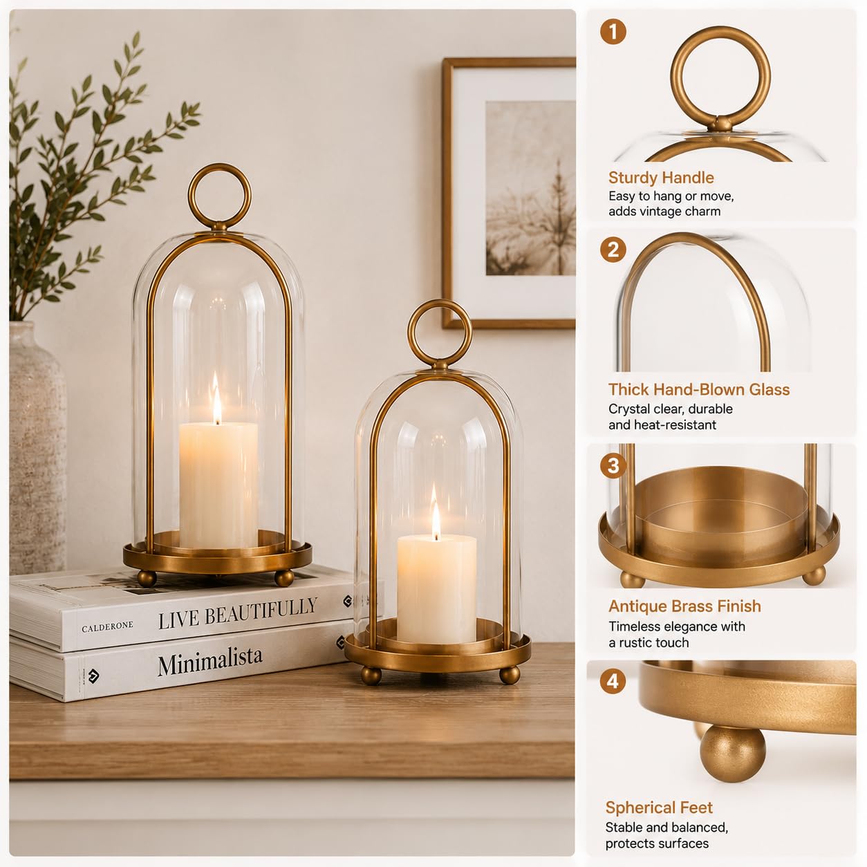 GYKLE Set of 2 Candle Lantern Set - Vintage Brass Candle Holders with Thick Glass Domes (5.25"x10" & 4.5"x7.87"), Perfect for Pillar Candles, Floral Arrangements, and Vintage Home Accents