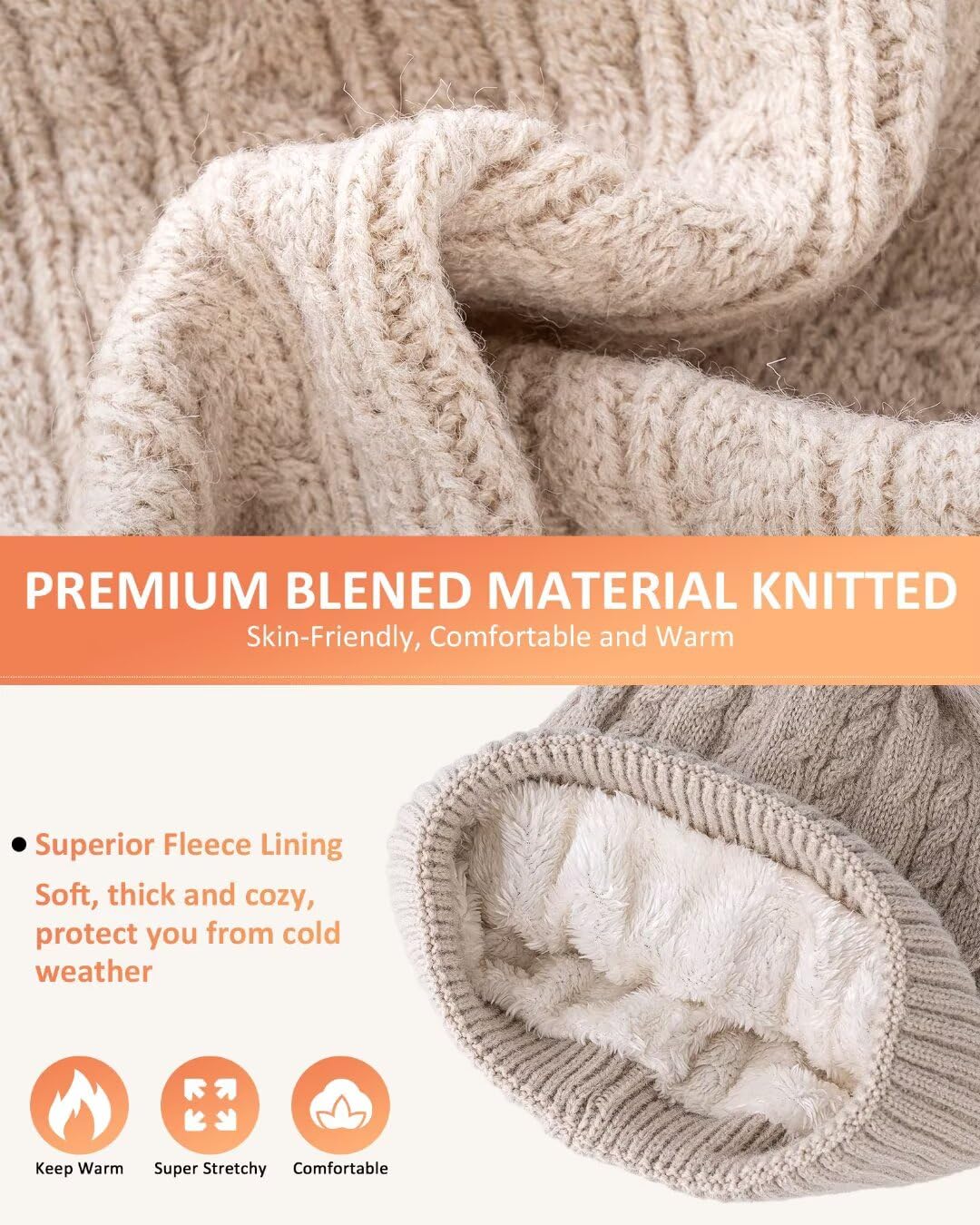 Winter Beanie Hat Scarf Gloves Set for Women, Pom Pom Beanie with Fleece Lined Long Knit Neck Warmer Fingers Touchscreen Gloves, Fashionable Cute Warm 3 in 1 Gift Set for Cold Weather(A-07) Camel
