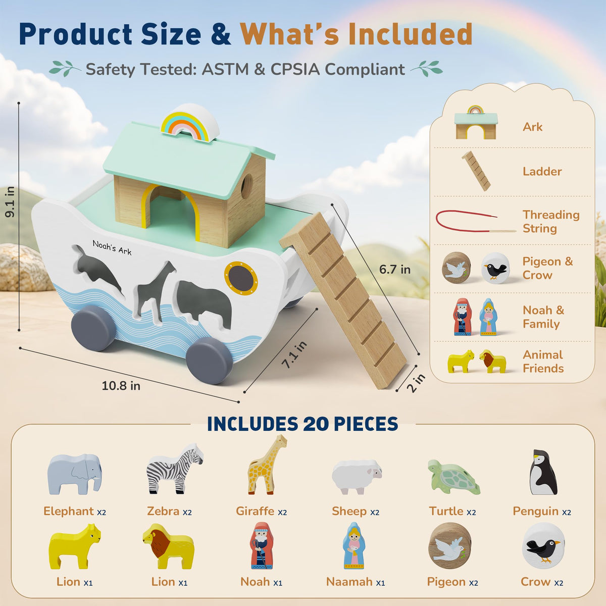 GiggleGems Noah's Ark Wooden Toy - All-in-1 Push Pull Shape Sorter for Toddlers - Montessori Animal Matching Set - Baptism Christening Gift for Birthday, Religious Toys for Boys Girls (18M+)