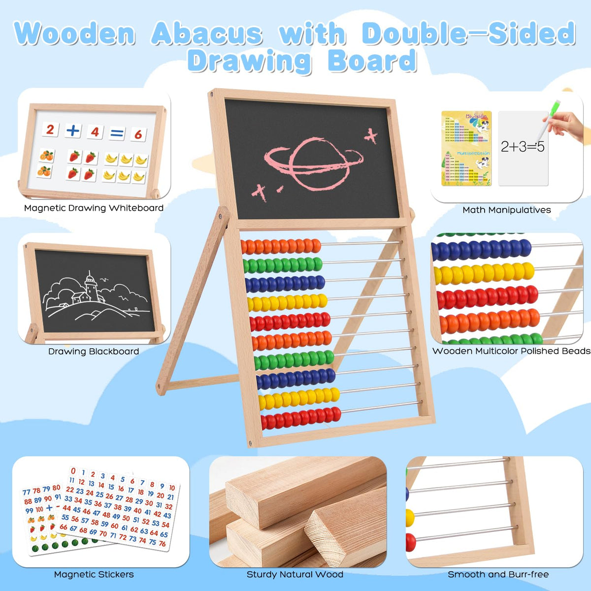 Wooden Abacus for Kids Math Games for Kids 3-5 4 5-7 6-8 Counters Toys with Double-Sided Whiteboard Blackboard and Magnetic Number Cards 1-100 Educational Counting Math Manipulatives 1st 2nd grade