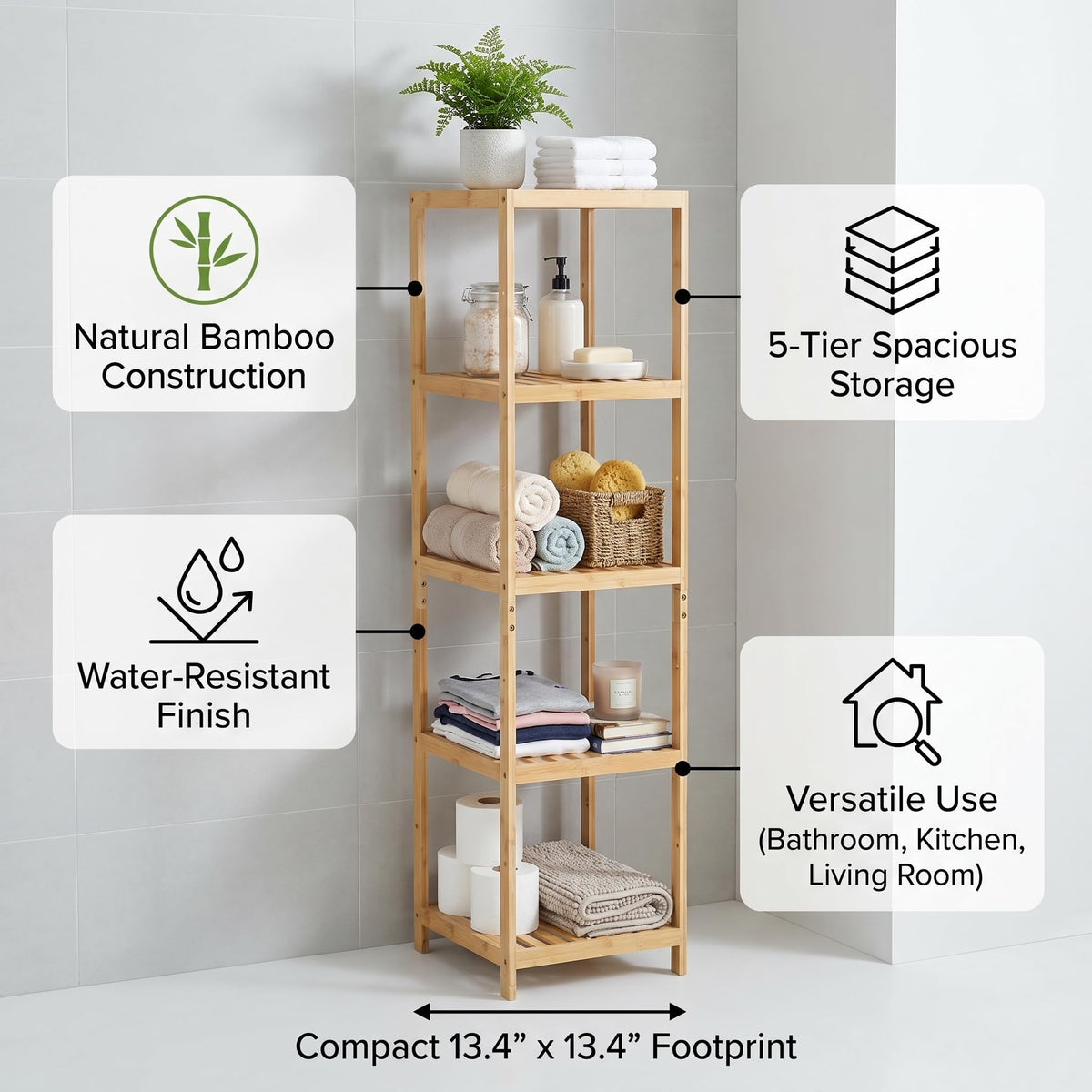 Bam & Boo - 5-Tier Multipurpose Square Shelf Modern Natural Bamboo - for Living Room, Bedroom, Office, Kitchen, Pantry(55” x 13.4” x 13.4”)