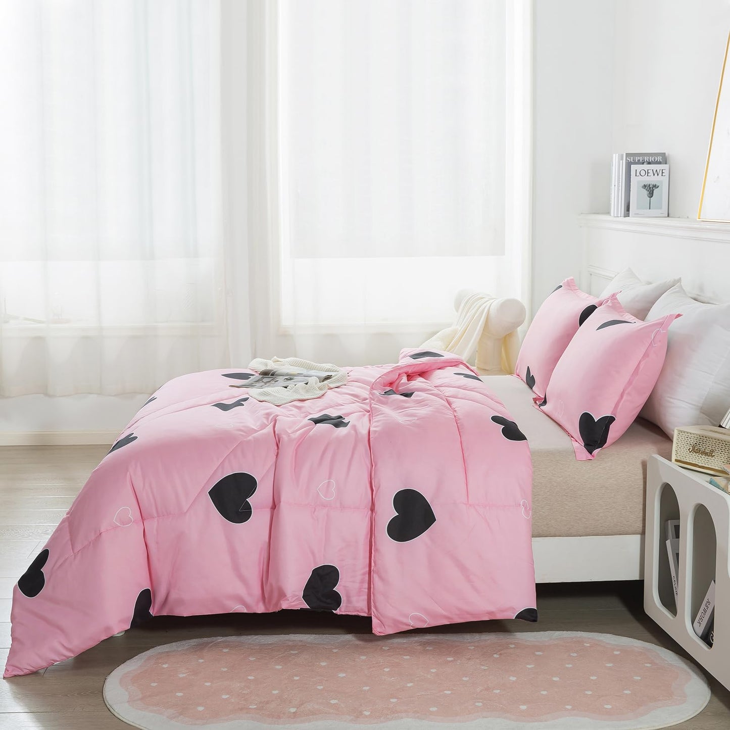 Caressma Girls Pink Comforter Set Twin Size - Blush Pink Cute Love Heart Print Comforter Bedding Set for All Seasons, Geometric Soft Microfiber Comforter Set with Pillowsham