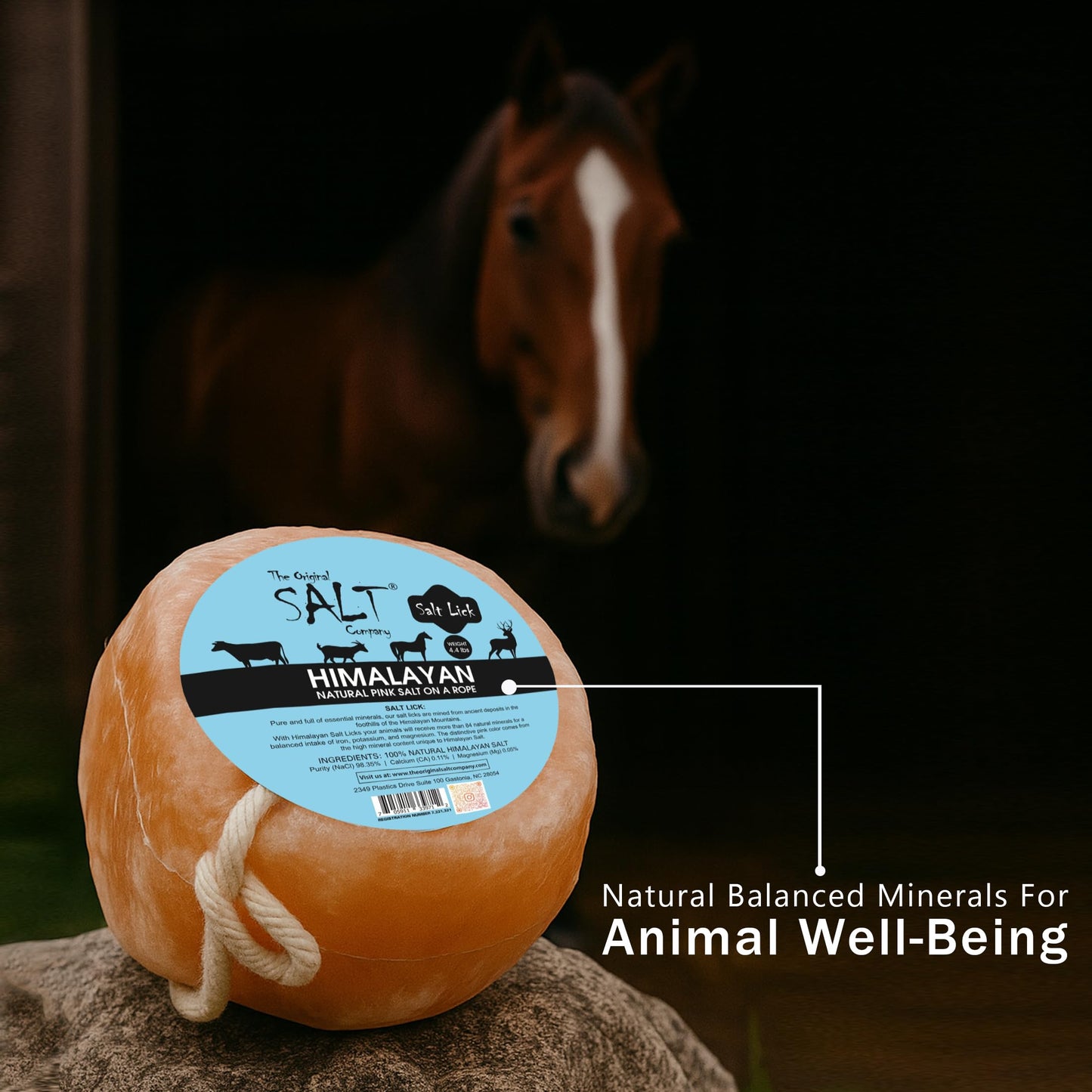 The Original Salt Company 100% Organic Himalayan Salt Lick Provides Essential Minerals for Your Horse/Livestock. This 4.4 lbs Natural Pink Salt Block on a Rope Supports Hydration/Digestion/Wellness.