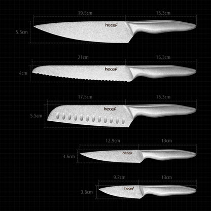 hecef Vintage Style Kitchen Knife Sets,Scratch Resistant Camping Matte Knives with 5 Slots Recycled Oxford Cloth Knife Roll Bag & Covers,Stonewashed High Carbon Stainless Steel Blades & Hollow Handle