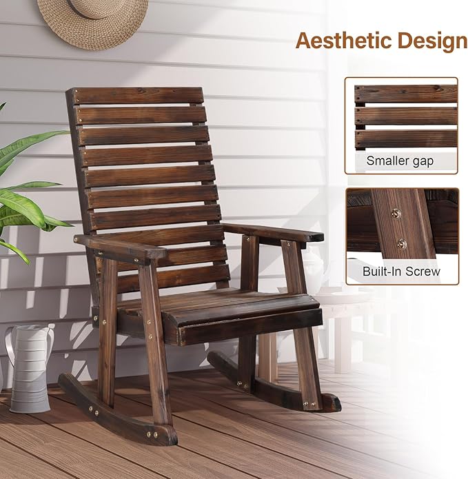 VINGLI Wooden Rocking Chair with High Backrest, Solid Fir Wood, Heavy Duty 600 LBS Patio Rockers for Indoor and Outdoor, Garden, Yard, Patio, Rustic