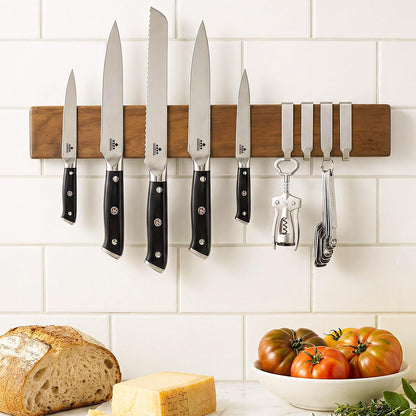 ENOKING 16 Inch Magnetic Knife Holder for Wall - Acacia Wood Knife Strip with Gold-Stamping Magnetic Gift Box - Powerful Knife Bar with 4 Hooks, No Drilling or Screw Mount