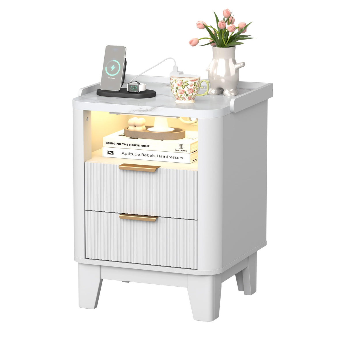Turosur Night Stand with Charging Station, Fluted Nightstand with 2 Drawers and LED Light, Wood Bedside Table with Open Storage for Bedroom, White