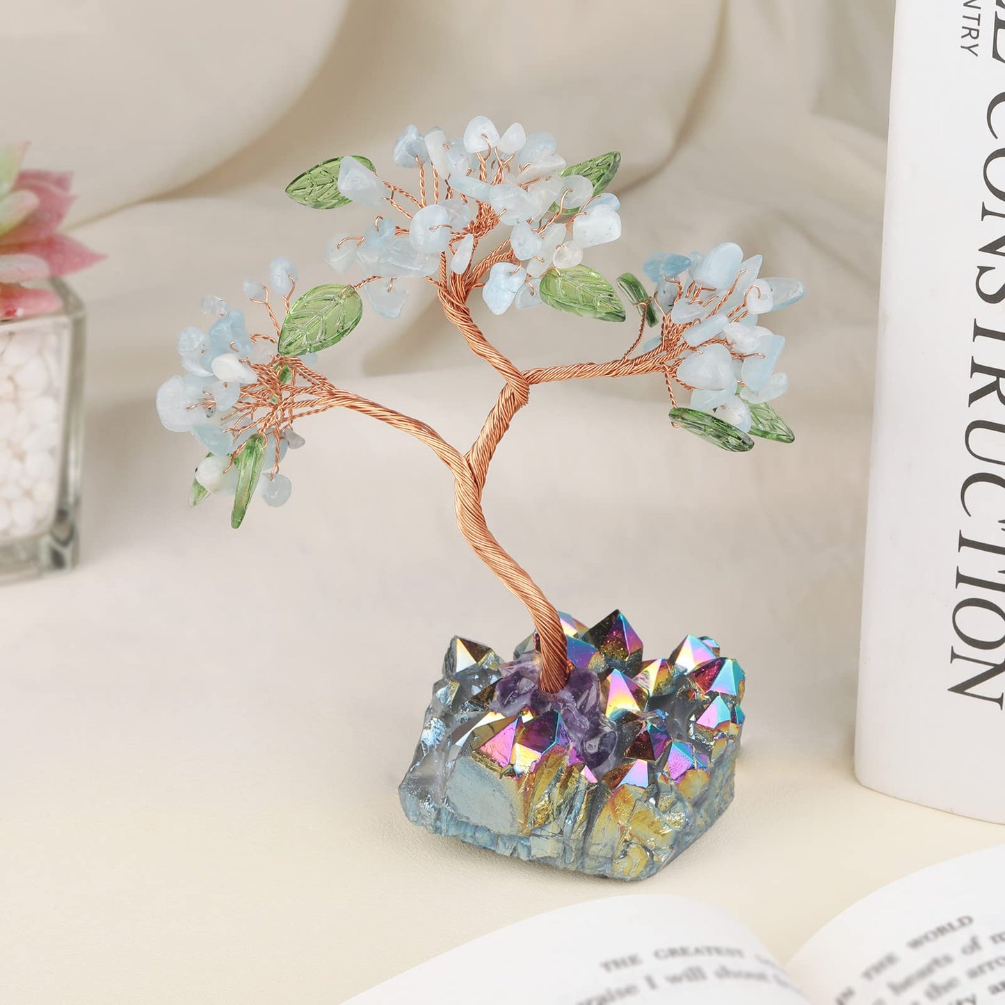 Rockcloud Crystal Money Tree with Titanium Coated Cluster Base, Raw Stone Bonsai Tree for Reiki Healing Office Home Feng Shui Decor, Blue