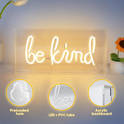 Be Kind Neon Sign, USB Powered LED Neon Light Box with ON/OFF Switch, 3D Acrylic Tabletop and Wall Decor for Girls Room, Bedroom, Classroom, Dorm, Home Office, Shelf, Christmas Birthday Gift (Warm White)