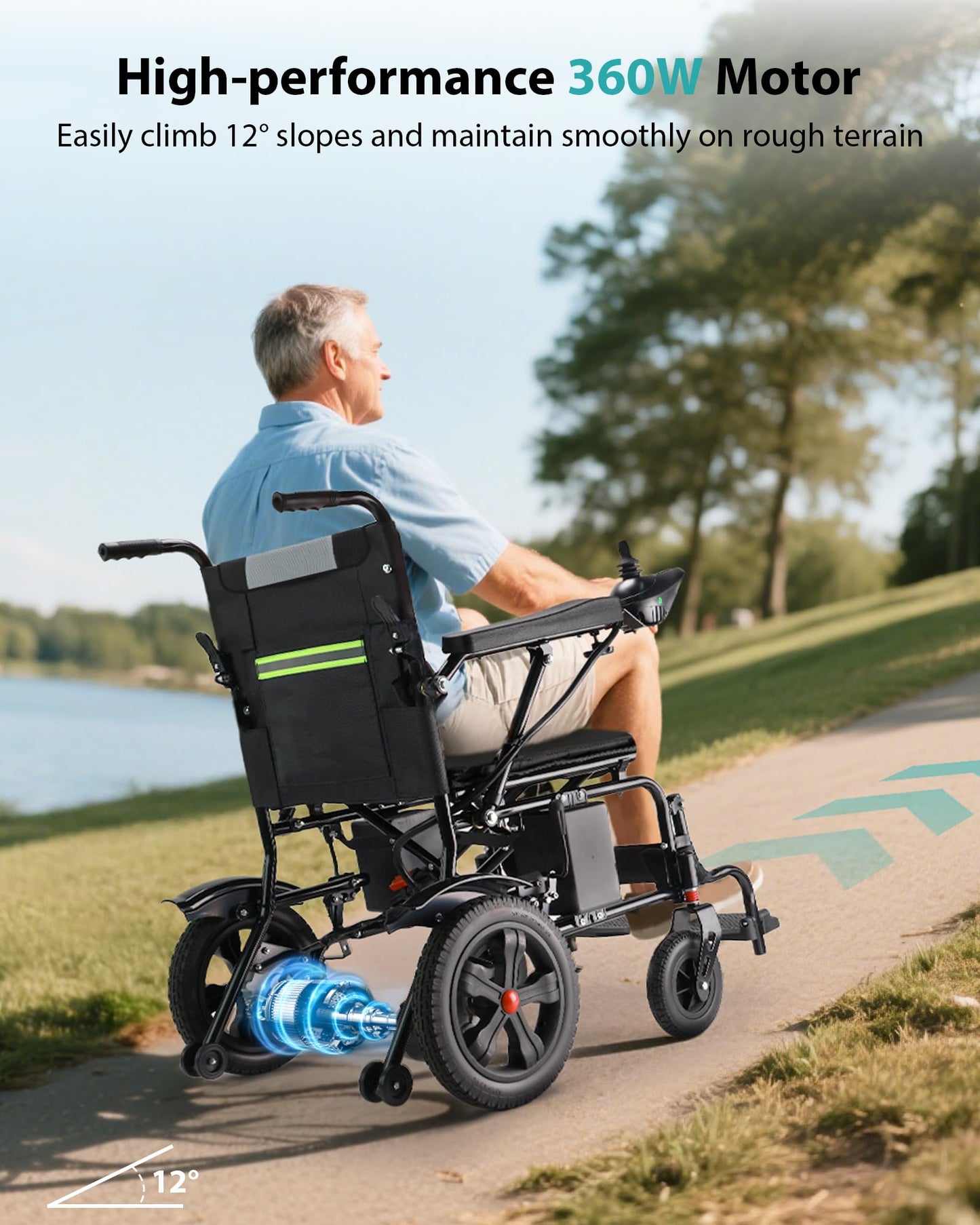 19'' Wider Electric Wheelchairs for Adults - 15 Miles Travel Range & Support 330 lb, Lightweight Foldable Motorized Wheelchair with Large Tire, 360W All Terrain Power Wheelchair for Home/Outdoor