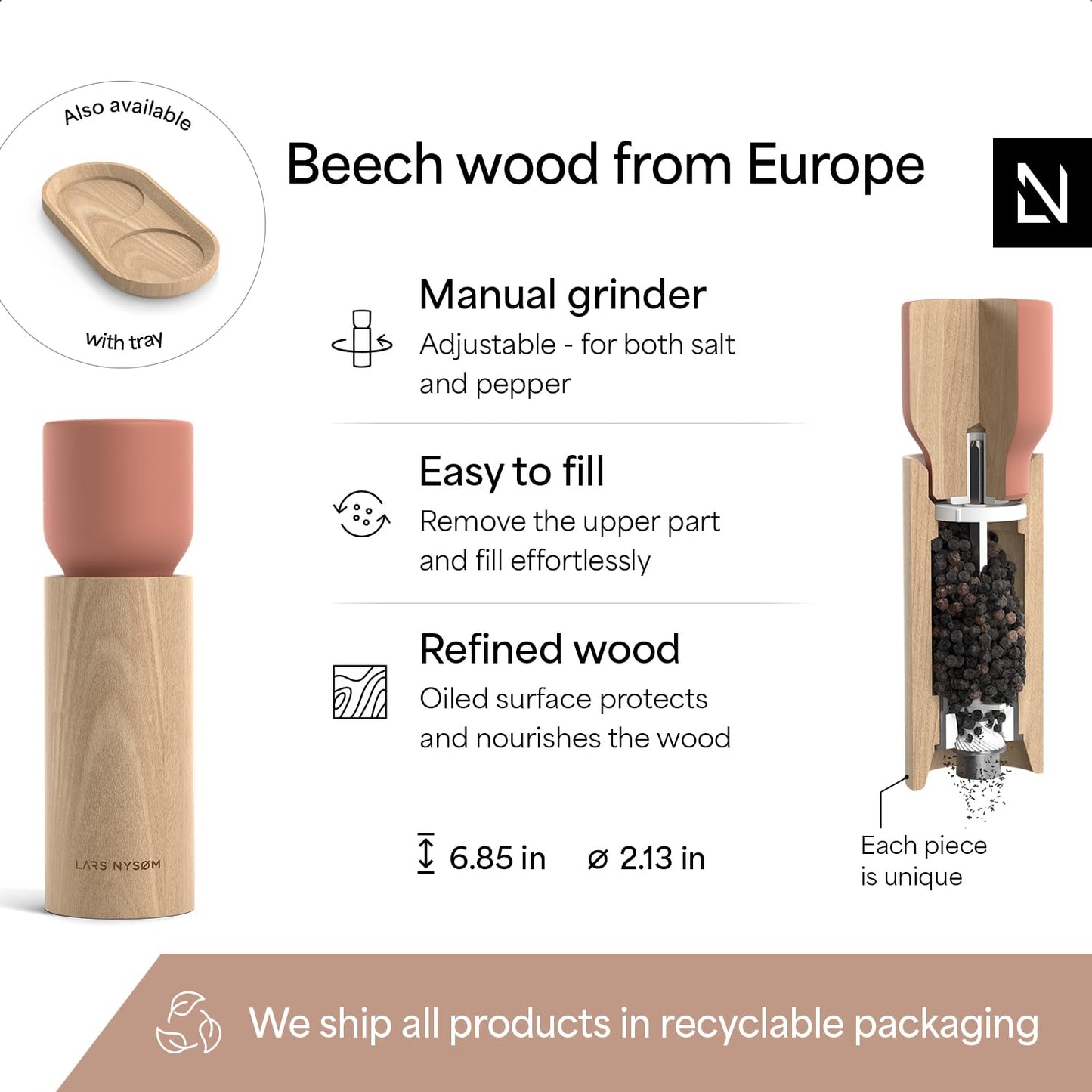 LARS NYSØM Wooden Salt and Pepper Grinder Set Manual - Salt and Pepper Mills with Adjustable Ceramic Grinder - Elegant Beechwood Pepper and Salt Mill Set for Dining Table (Brick Red)