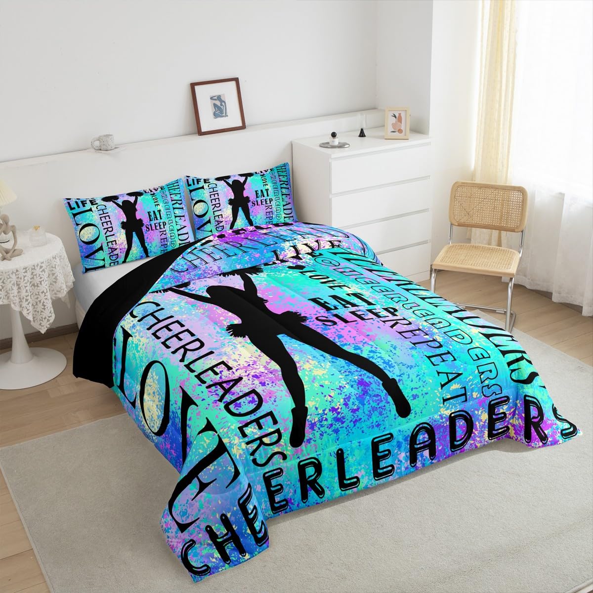 Feelyou Cheer Bedding Set Full Size Kids Dancer Comforter Cover for Boys Girls Teens Blue Duvet Cover Breathable Soft Lightweight Microfiber