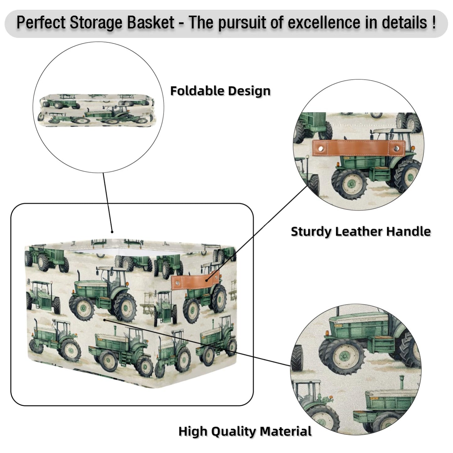 RPWOBBYQ Farmhouse Tractor Truck Storage Boxes Theme Storage Nursery Baskets with Handle Closet Collapsible Organizer Shelf Bins for Book Cloth 15 X 11 X 9.5 IN