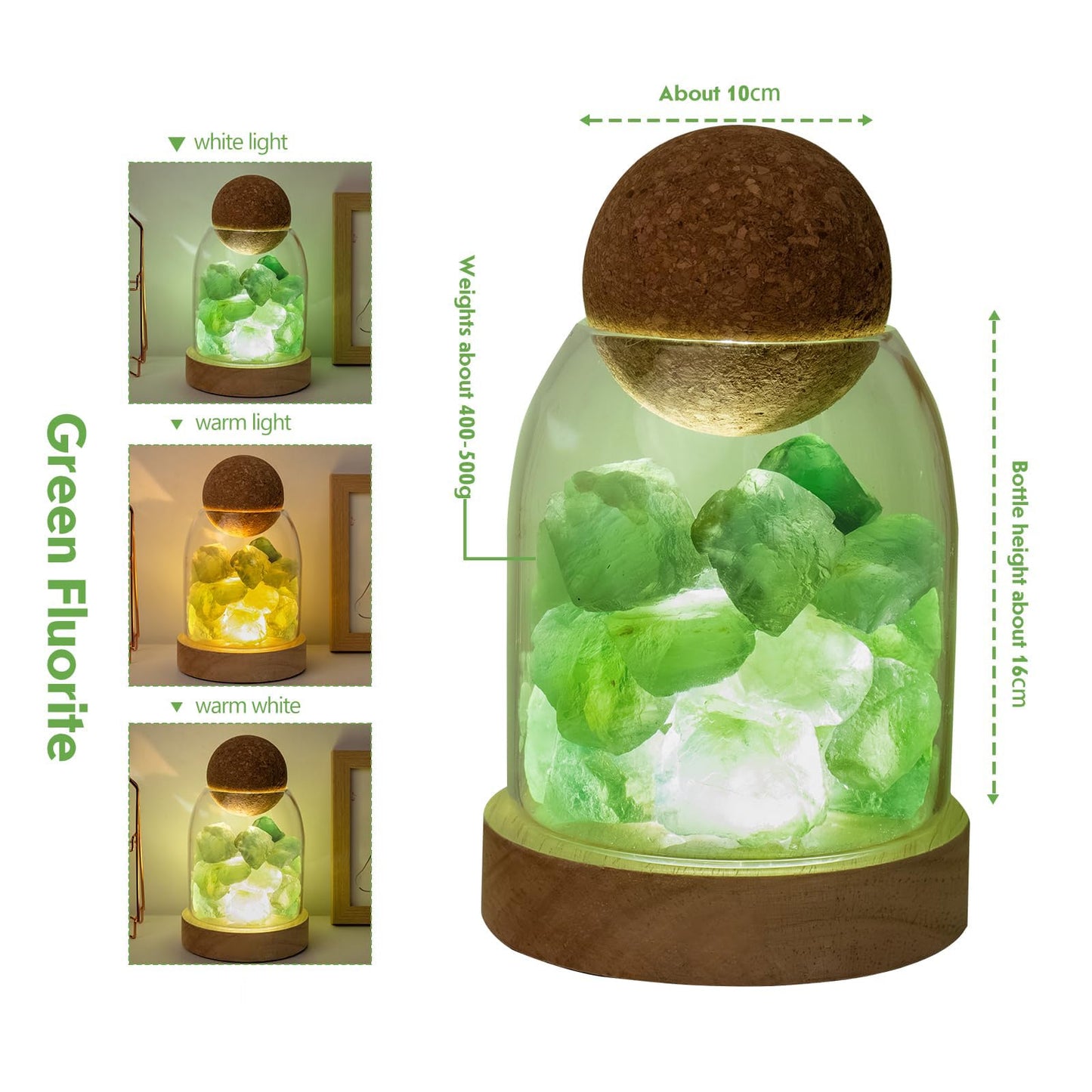 Runyangshi Green Fluorite Night Lamp 6.3" Natural Healing Crystal Aroma Stone Diffuser Bedside Lamp USB Port 3 Colours Dimming Mode Bedroom Lamp Home Decor