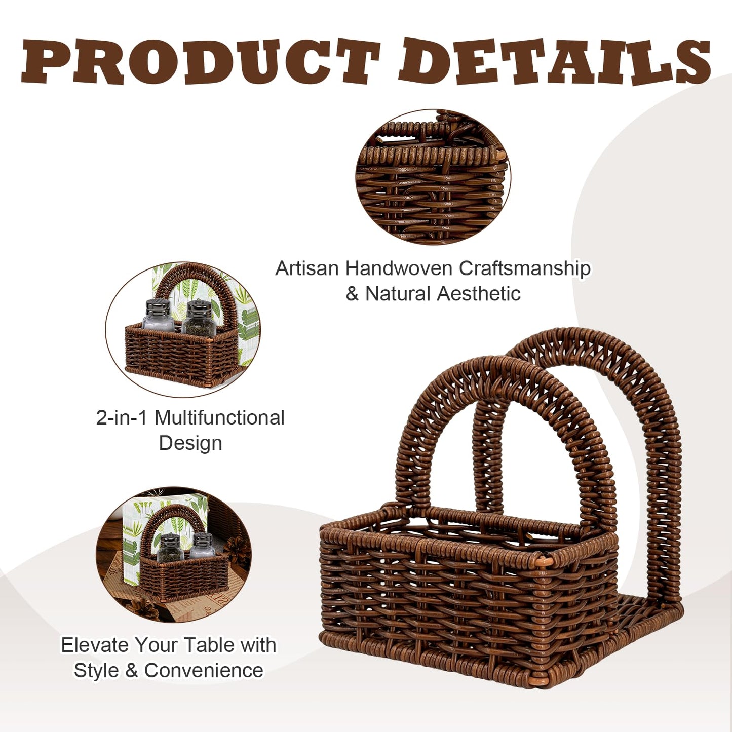 Plastic Rattan Napkin Holder with Salt and Pepper Shakers Holder for Table, Kitchen countertop Organizer - Multi-Functional Storage(Without Salt, Pepper Shakers & Napkins)