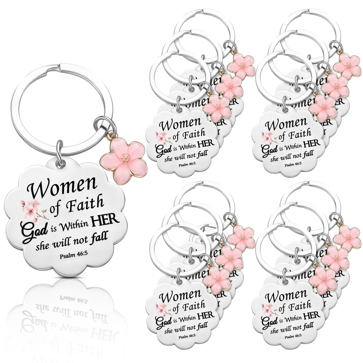 Cunno Christian Gifts for Mother's Day Women Church Religious Keychain Bulk Scalloped with Enamel Sakura Woman of Faith(24 Pcs)