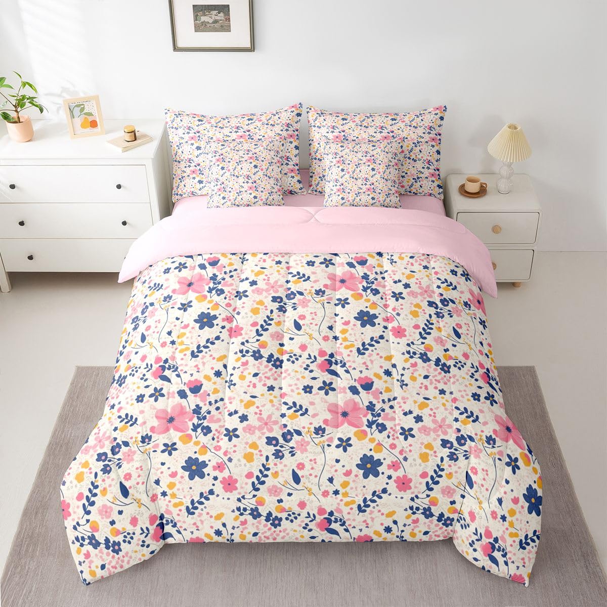 Erosebridal Floral Flowers Girly Pink Yellow 7 Piece Bedding Set Twin | Garden Botanical Comforter Set with Sheets Leaves Aesthetic Bed in A Bag Teens Women Adults Bed Sets