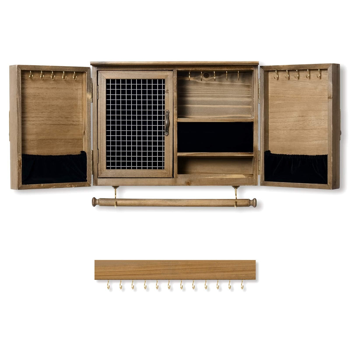 ikkle Wooden Jewelry Organizer Wall Mounted, Hanging Jewelry Holder with Removable Bracelet Rod and Hooks for Necklaces Earrings Bracelets Rings, Brown