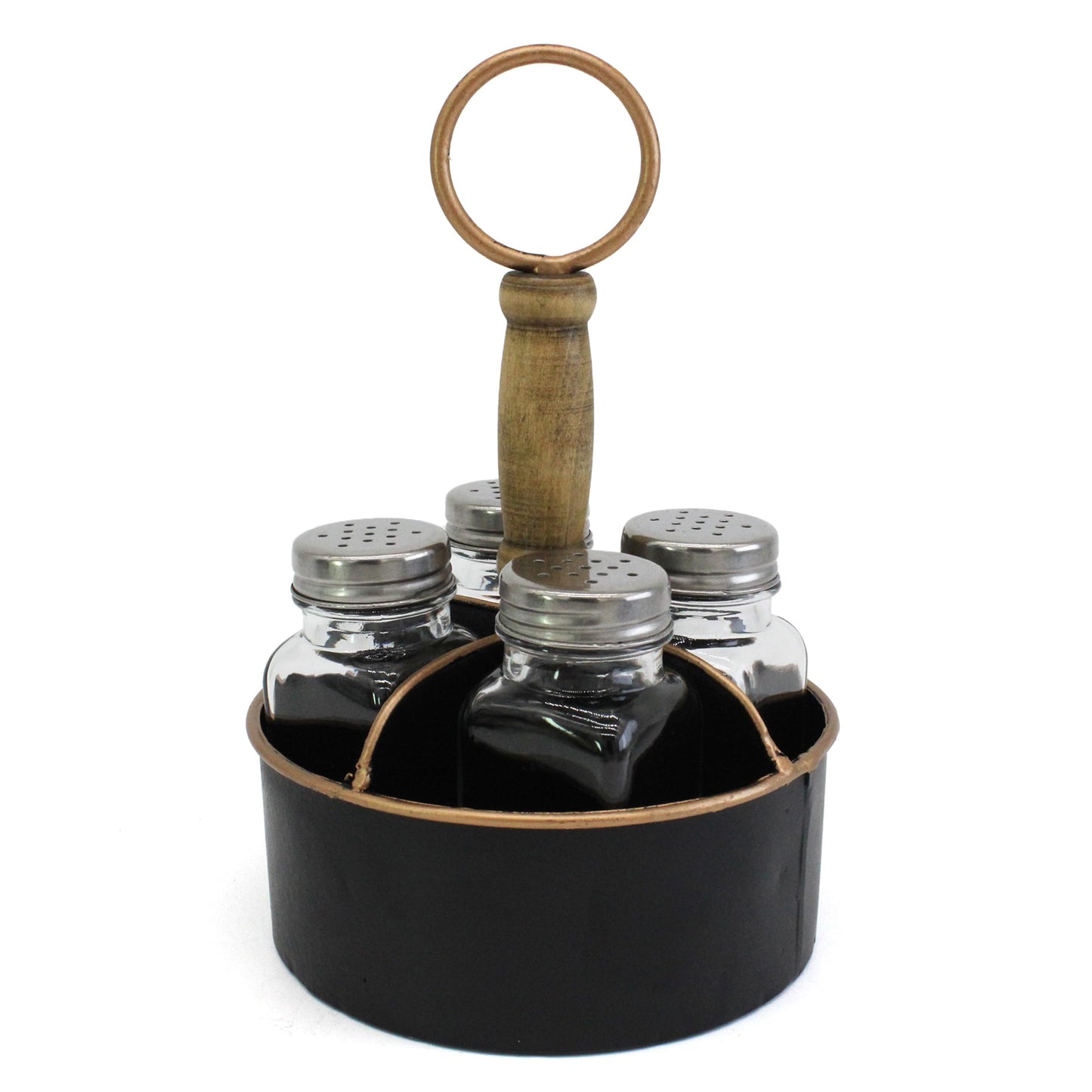 ZNCO Metal Round Salt, Pepper and Toothpick Caddy with Wooden Handle, Glass Shakers Set, Rustic Vintage Style, Black