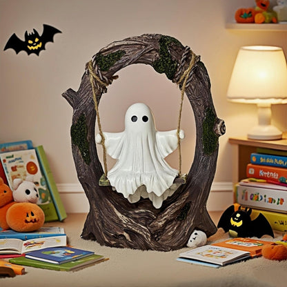 T Starlight Bright Q Swinging Ghost on Tree Swing, Cute Swinging Ghost Halloween Figurine Indoor Decoration, Desktop & Bookshelf Decor, Outdoor Courtyard Garden Decoration, Halloween Ghost Gift