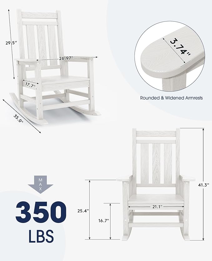 KINGYES Oversized Outdoor Rocking Chair Set of 8, All-Weather Patio Rocking Chairs for Porch, HDPE Outdoor Patio Rockers with High Back & Wide Seat for Garden, Lawn, White