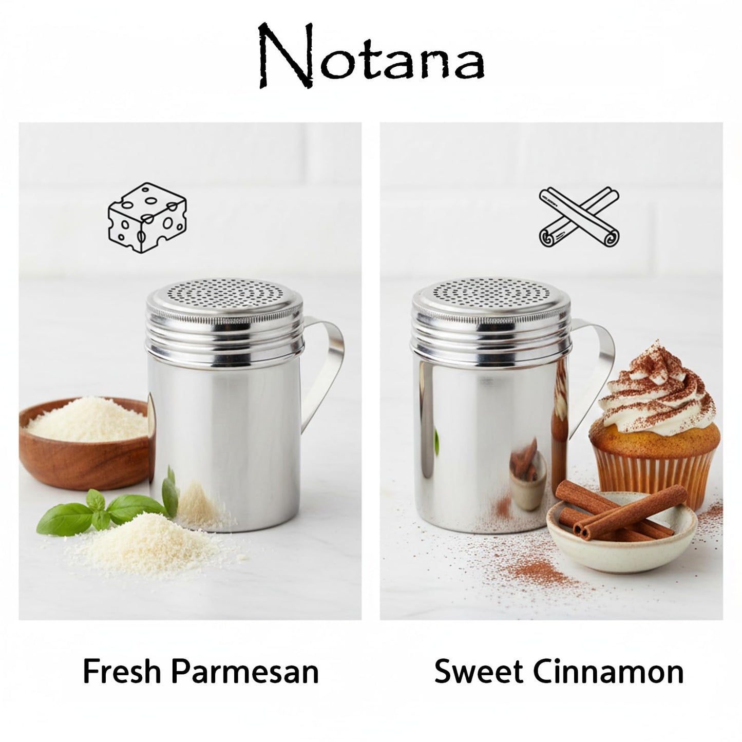 Notana Stainless Steel 10 Ounce Dredge Shakers with Handle for Powder Sugar, Flour Duster for Baking, Seasoning Shaker, Salt and Pepper Shakers, Cinnamon Sugar Dispenser for Kitchen (2-PACK)