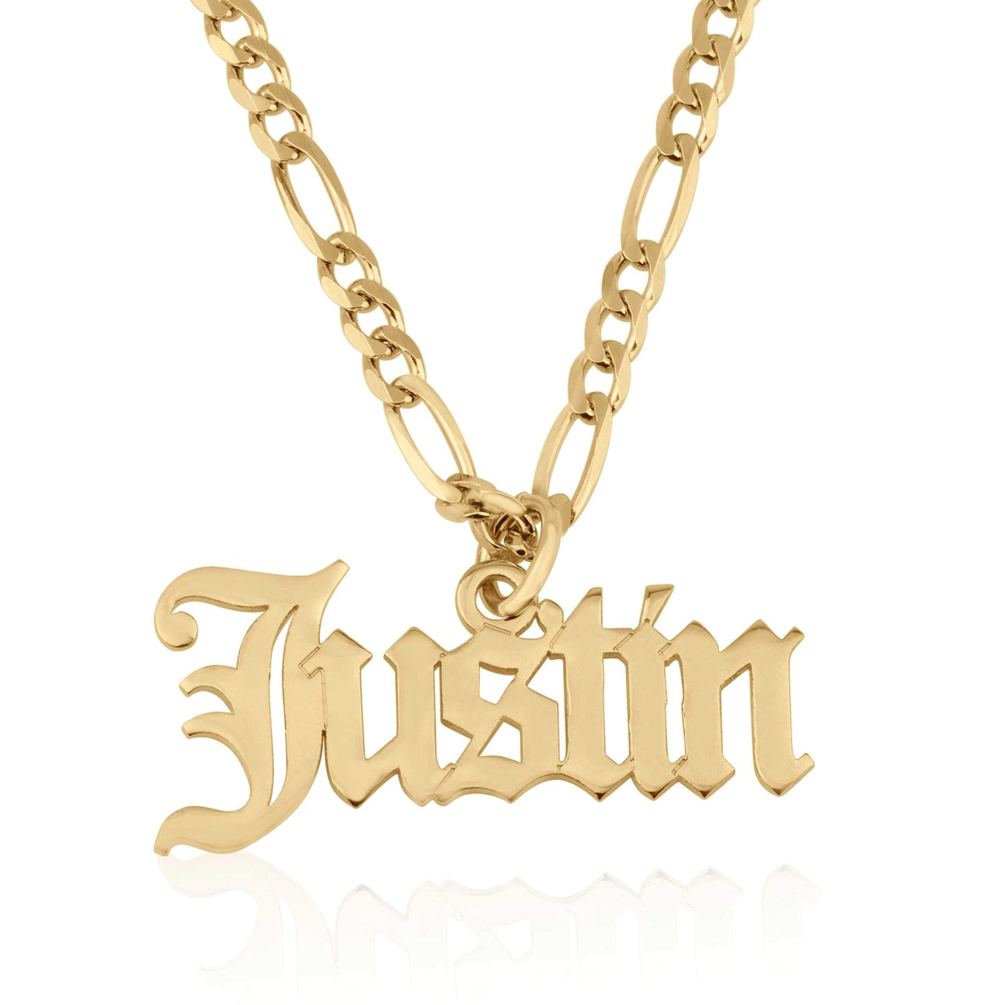 Beleco 18k Gold Plated or Sterling Silver 925 Custom Name Necklace - Personalized Name Plate Necklace with Elegant Figaro Chain, Old English Font | Customized & Personalized Necklaces