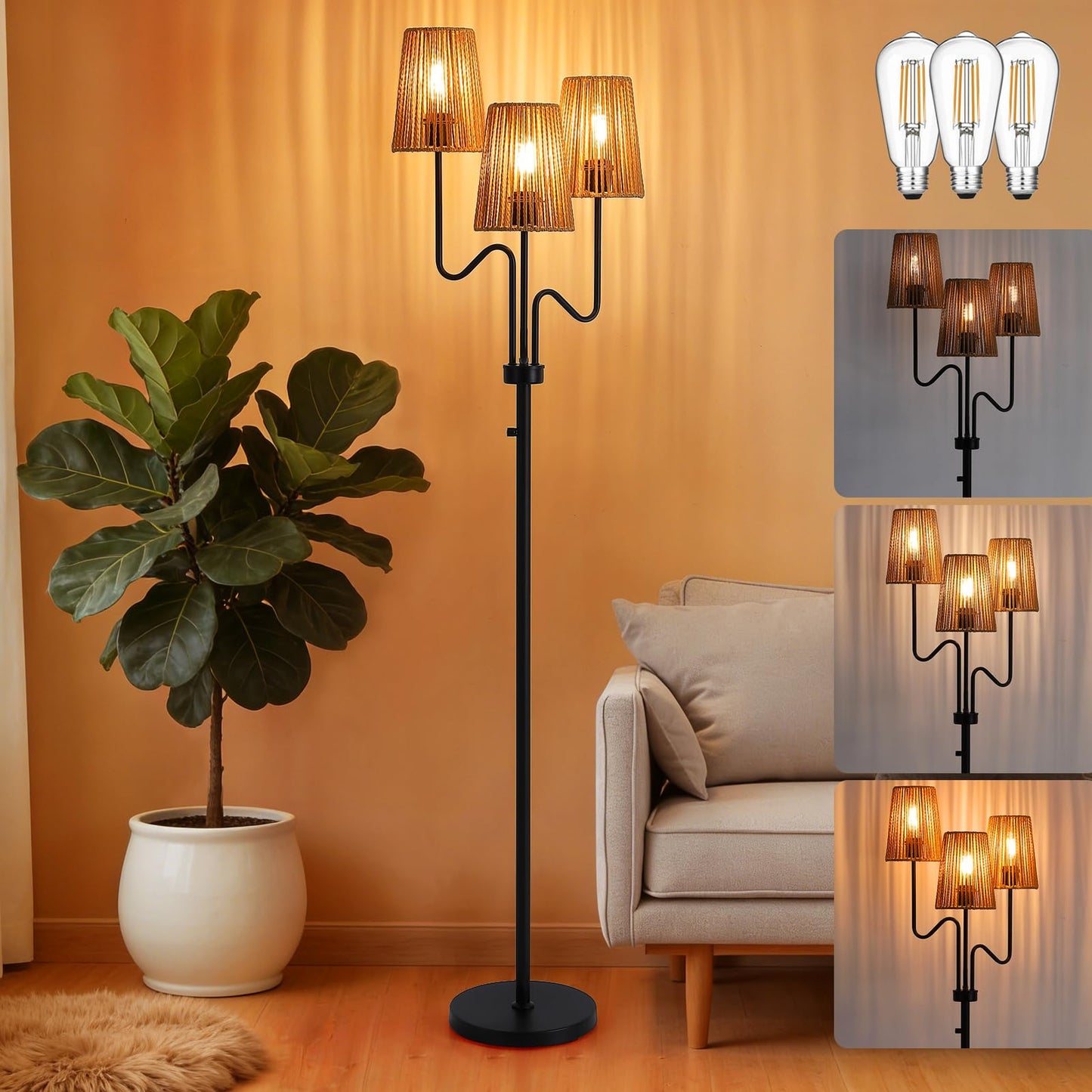 9MMML Farmhouse Boho Dimmable Floor Lamp with Rattan Shade, 68'' Tall Floor Standing Lamp, 3-Light Floor Lamp for Living Room, Bedroom, Office, Corner, 3 x E26 LED Bulb Included