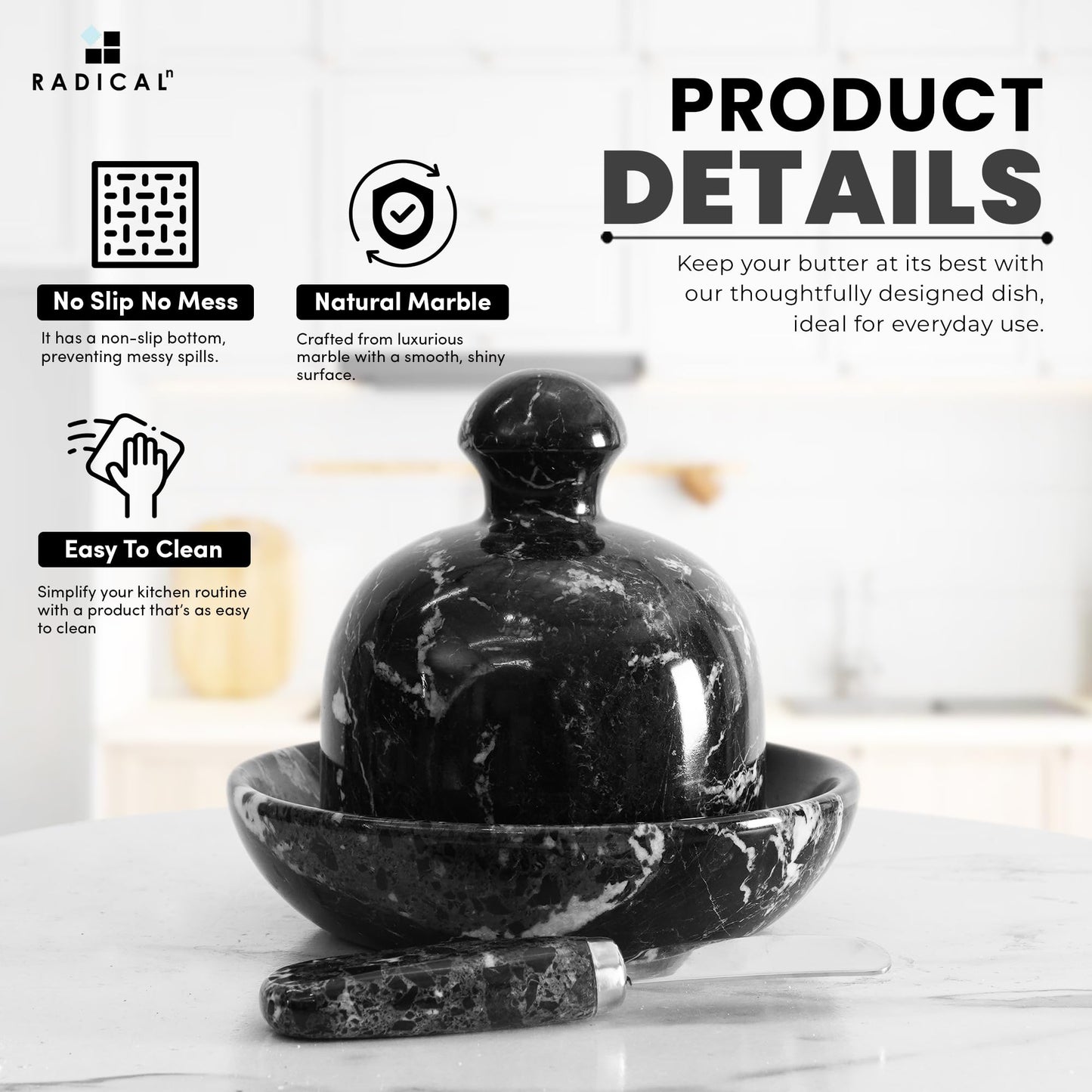 Radicaln Marble Butter Dish With Lid For Countertop 6" Inches Black Zebra Handmade Butter Spreader For Kitchen Accessories, Ideal Butter Crock for Butter & French Butter Holder