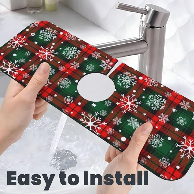 Merry Christmas Snowflakes Red Green Lattice Plaid Kitchen Sink Splash Guard