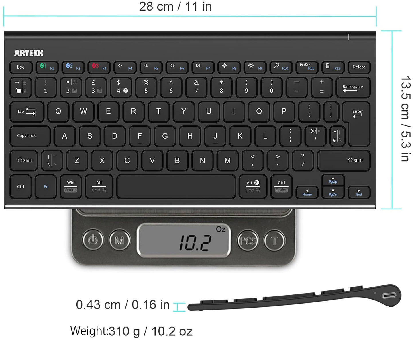 Arteck Bluetooth Keyboard, Stainless Steel Universal Portable Multi-Device Wireless Bluetooth Keyboard for iOS, Android, Windows iPad Tablet PC Smartphone