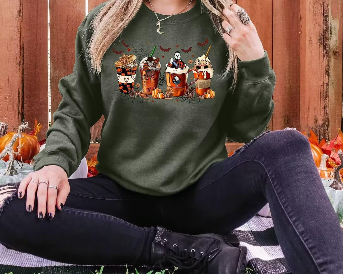 VKEGNIO Halloween Sweatshirt Women Horror Movie Pumpkin Coffee Graphic Sweatshirts Halloween Shirts Fall Crewneck Sweatshirt (Large, Green)