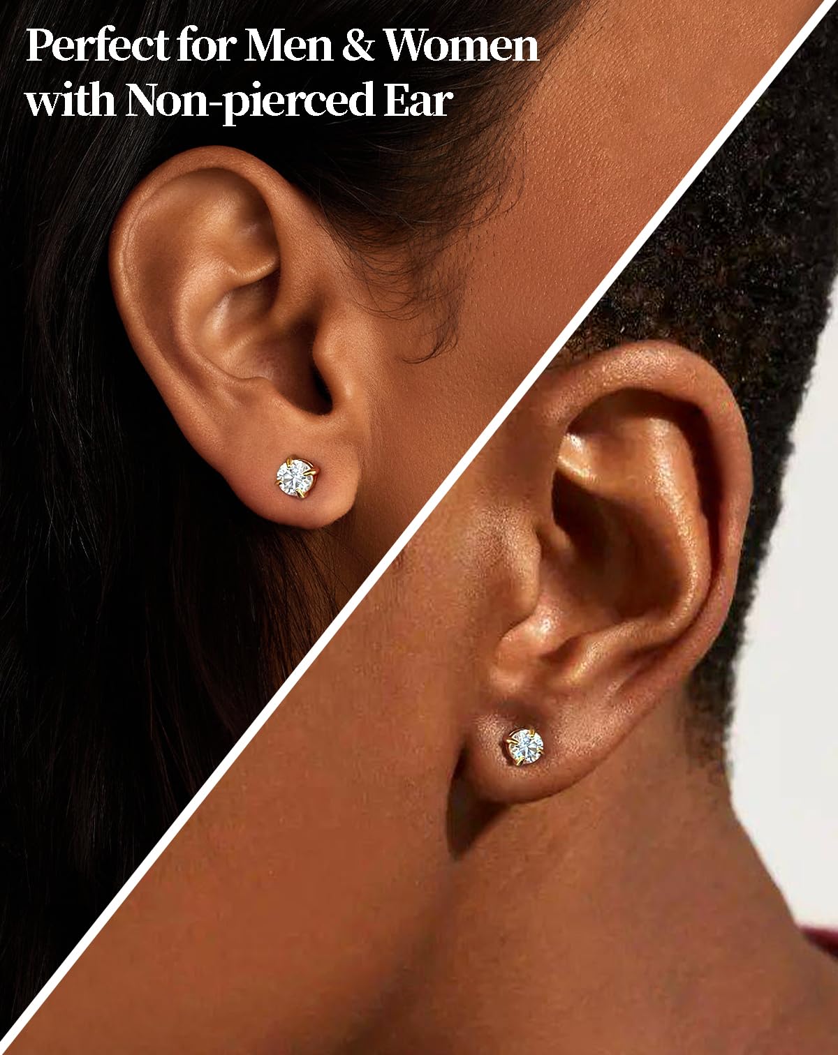 WORFAJEW 6MM Moissanite Magnetic Earrings Men Women Fake Earrings Studs for Non-pierced Ear 14K Yellow Gold Plated Stainless Steel Diamond Earring Hypoallergenic Moissanite Jewelry Gift