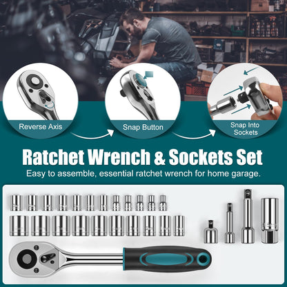 Sundpey Home Tool Kit 257-PCs - Household Basic Repair Tool Set for Men Women - General Hand Mechanic's Tool Set & Screwdriver Set & Wrench Set & Socket & Portable Tool Box Storage Case Blue