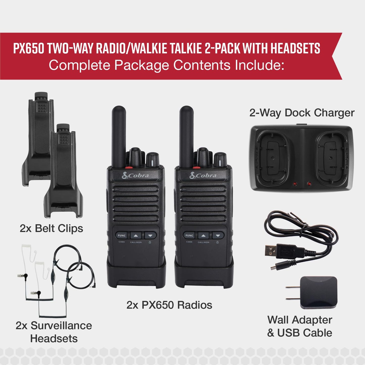 Cobra PX650 BCH6 - Professional/Business Walkie Talkies - Rechargeable, 300,000 sq. ft/25 Floor Range, Dust Protected and Splashproof (IP54 rating), Two-Way Radio Set (6-Pack)
