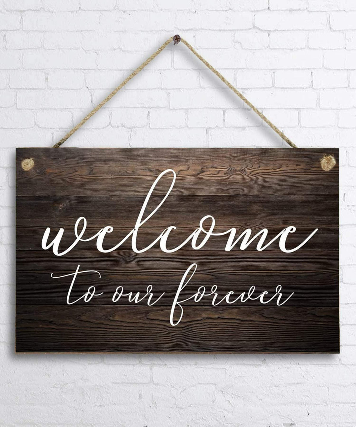 J.DXHY Welcome to Our Forever Sign, Rustic Wooden Welcome Wedding Sign, Brown, 18"x12"