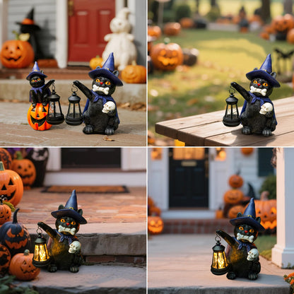 WONDHOME Halloween Black Cat Decor Spooky Solar Cat Garden Statues Holding Skull with LED Lantern Halloween Outdoor Decorations for Porch Patio Yard Lawn Holiday Gardening Gifts for Women