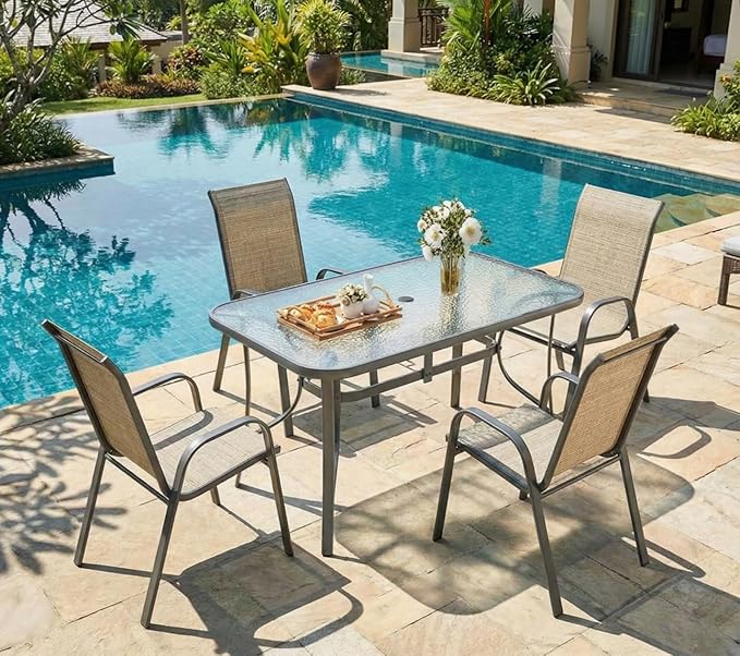MAMIZO Patio Dining Chairs, Stackable All Weather Teslin Chair, Heavy Duty Outdoor Breathable Chairs Set, w/Armrests, Upgraded Chair FeetW/Strenthened Iron Spacers, 330 LBS (4, Brown)