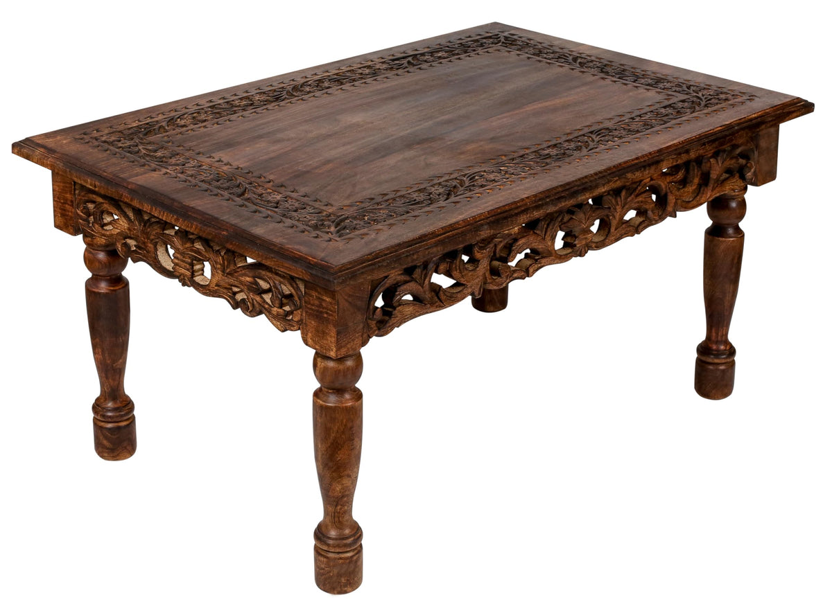 Rectangular Wooden Coffee Table Cutwork Jali Carving, Farmhouse Coffee Table, Rustic Center Table, Mid Century, Rustic and Modern Style Living Room Furniture - 36x24x18 Inch Burnt