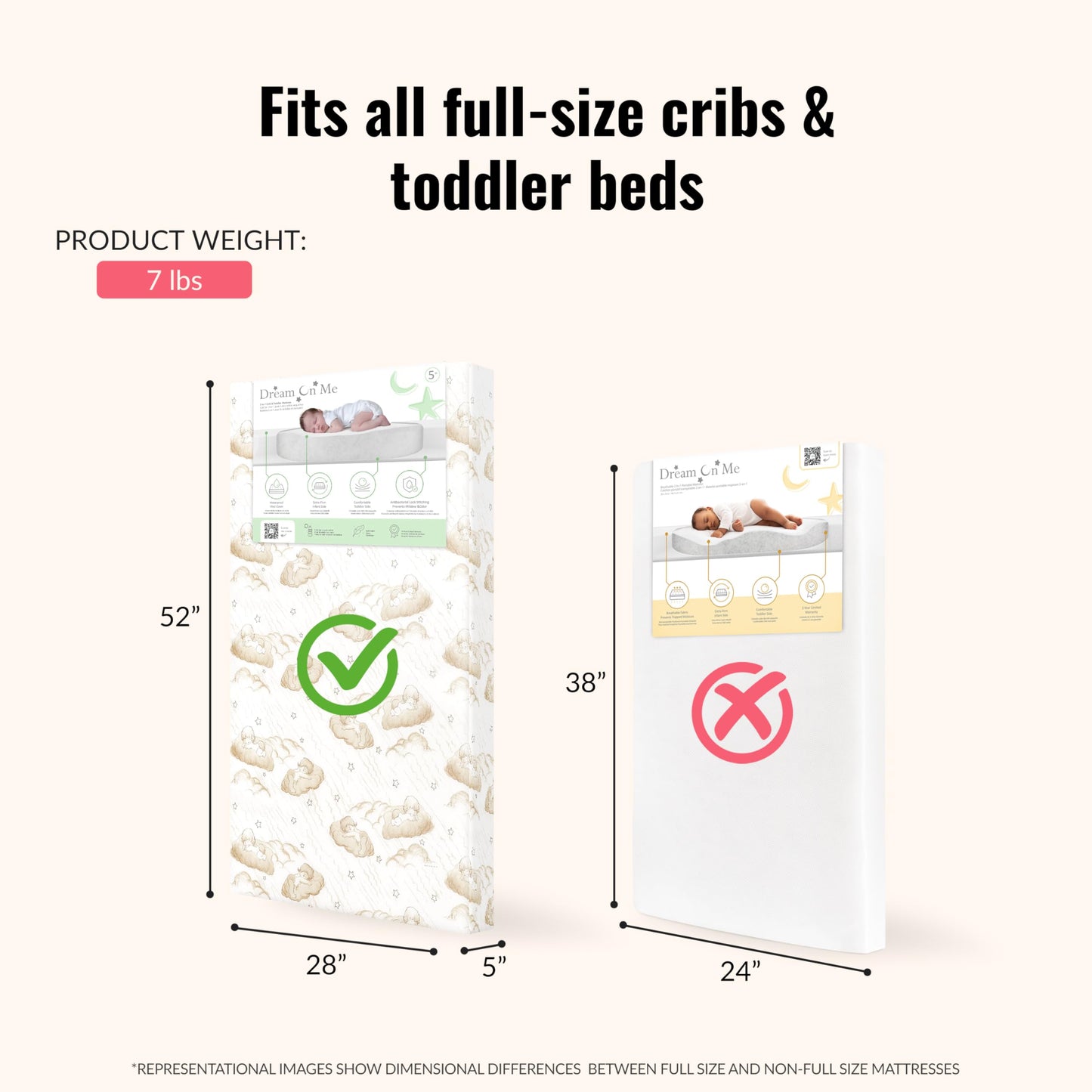 Dream On Me Little Lullaby 2-in-1 Crib Mattress, Dual-Sided for Infants & Toddlers, Waterproof Cover, GREENGUARD Gold Certified, Fits Full Size Crib & Toddler Bed, 52” x 28” x 5”